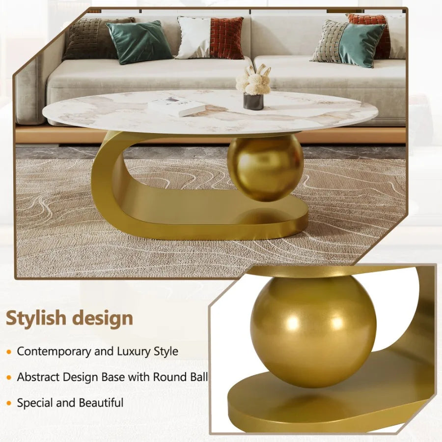 Modern Oval Coffee Table for Living Room Marble Pattern Sintered Stone Coffee Tabletop with Gold Stainless Steel Base in 47.2"