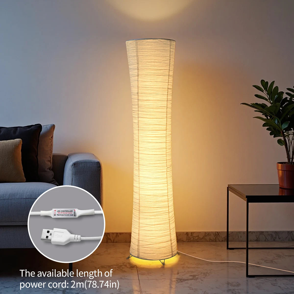 Paper floor lamp, paper and chrome-plated standing lamp, LED light strip, living room and bedroom decoration, festival lantern,