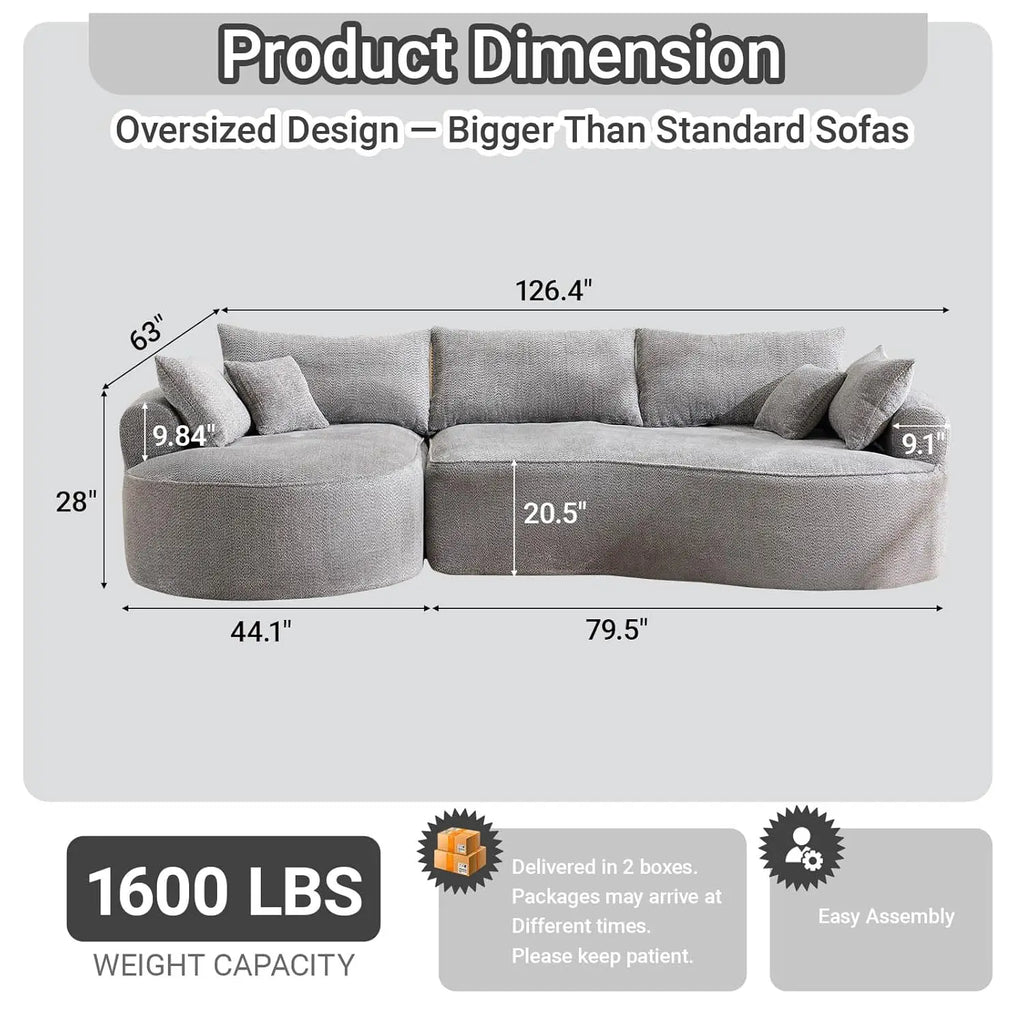 126.4" Oversized L-Shaped Boneless Sofa, Deep Seat Sectional Couch with Curved Seat Design and 7 Pillows,, Customized