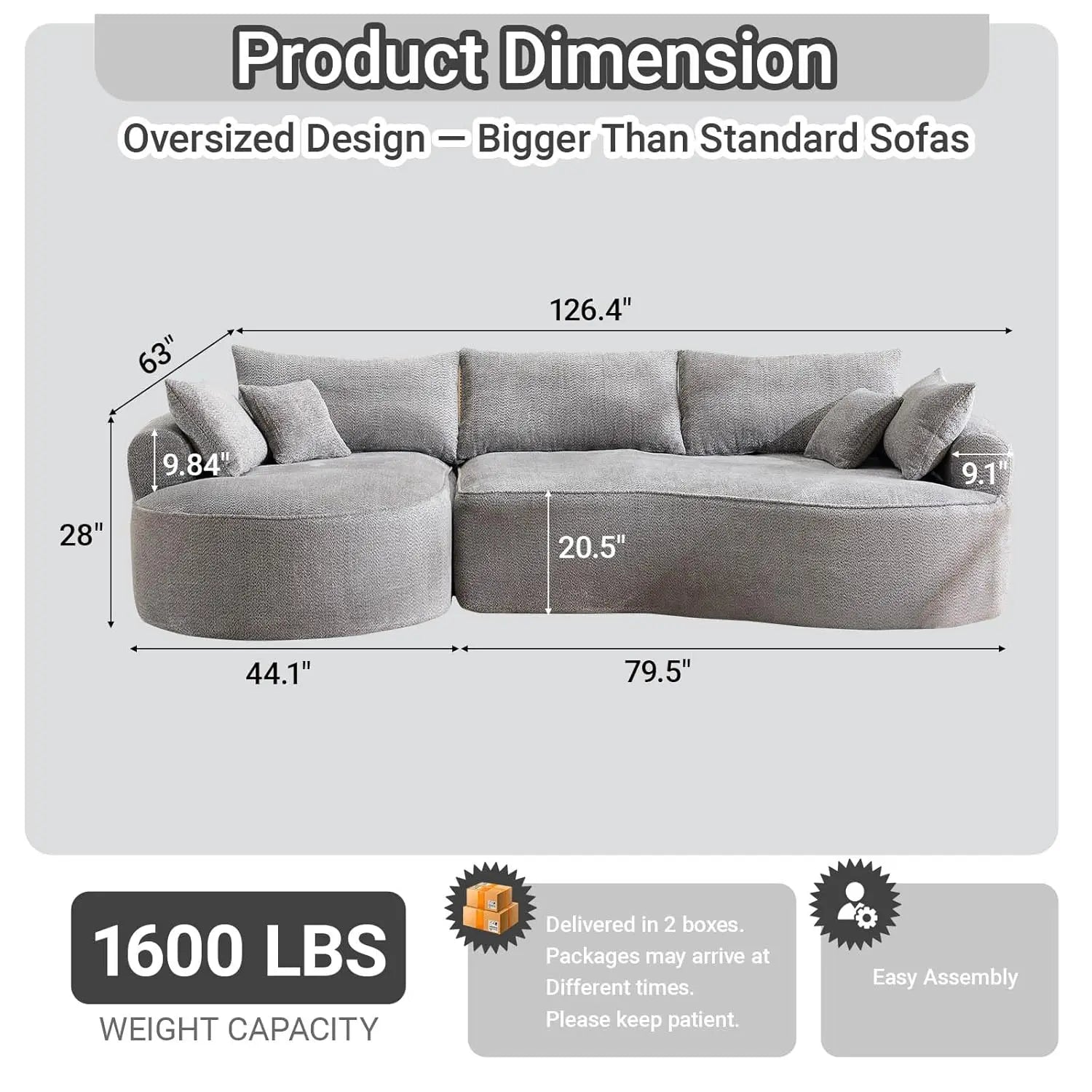 126.4" Oversized L-Shaped Boneless Sofa, Deep Seat Sectional Couch with Curved Seat Design and 7 Pillows,, Customized