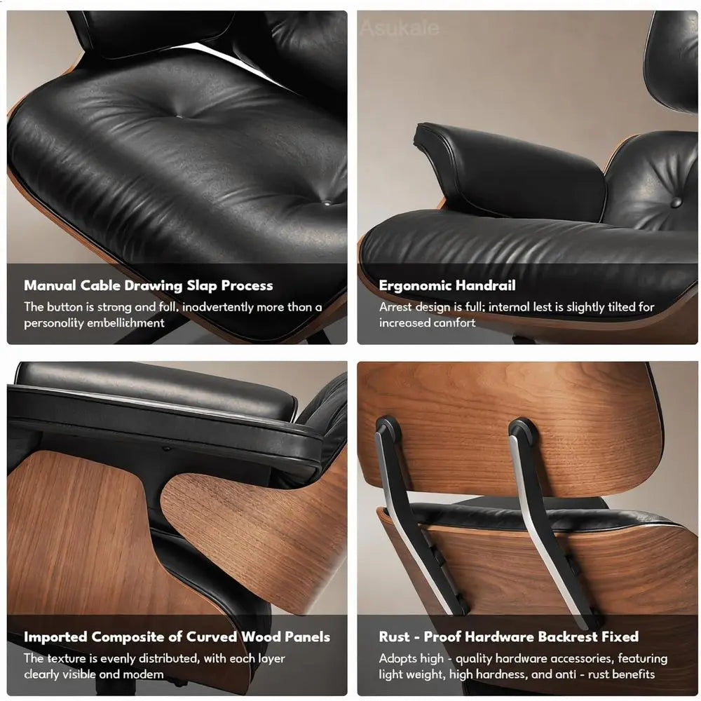 Elegant Black Leather Century Chaise with Ottoman, Accent Chair, Ergonomic Design, Sturdy Walnut Base for Living Room Lounge Off