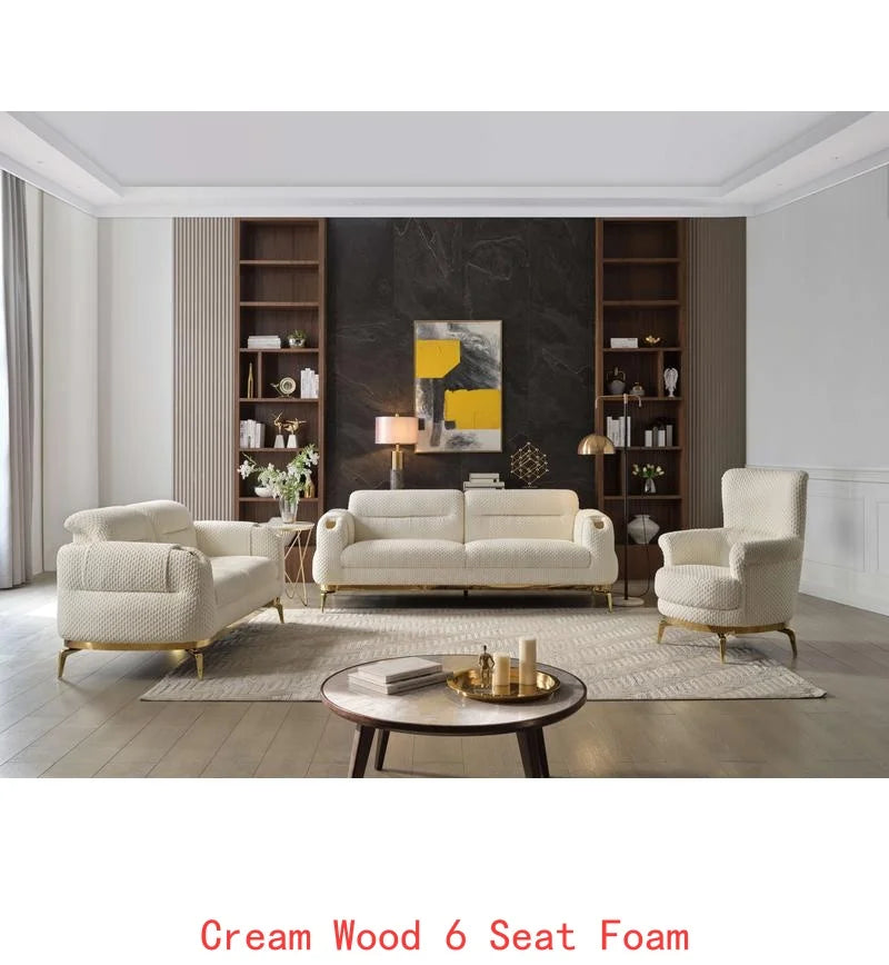 Modern 3PC Living Room Set (Sofa + Loveseat + Chair) with Wood & Gold Accents in Cream - CA Warehouse Inventory