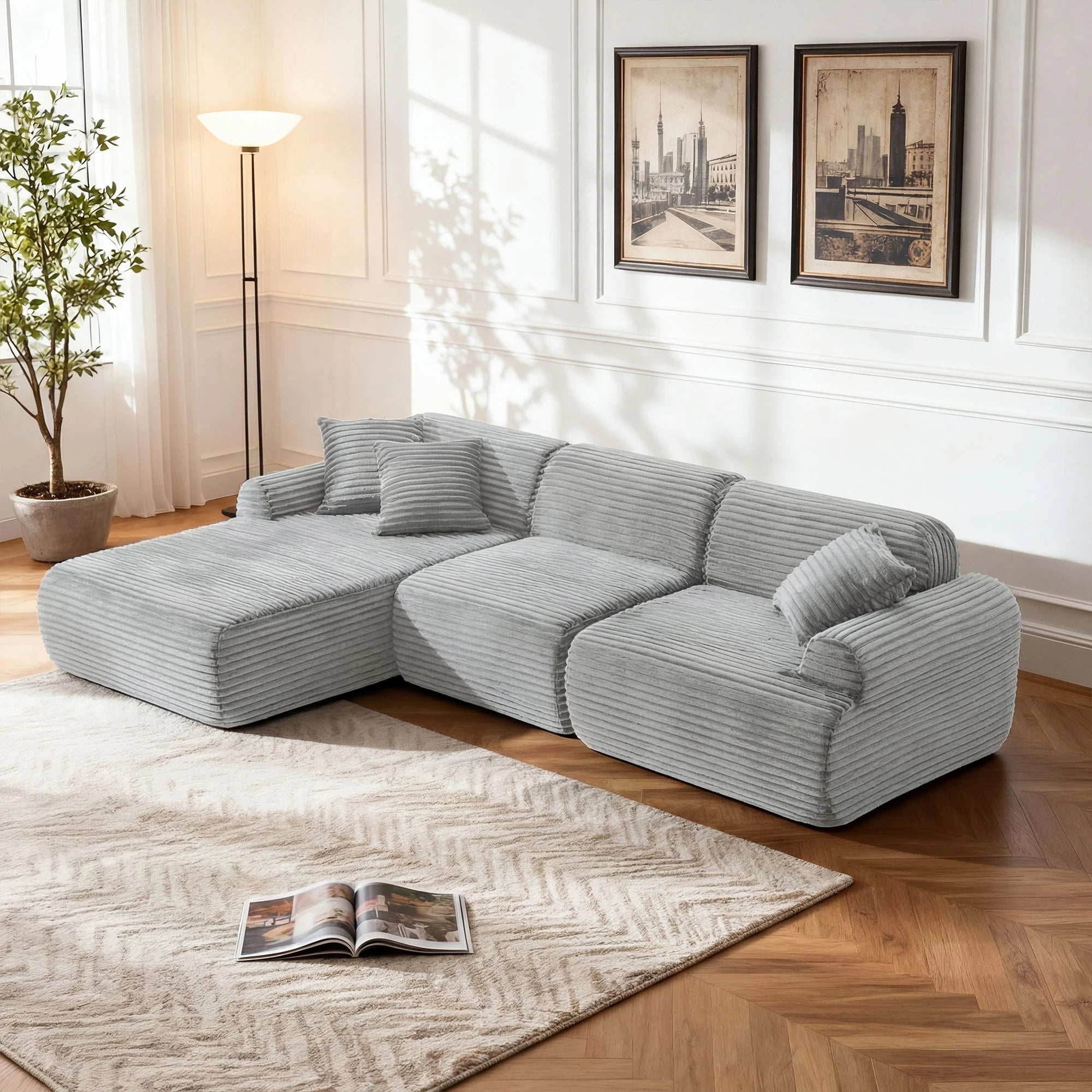 L-shaped oversized modular leather segmented sofa, leather deep seat modular corduroy sofa, suitable for families and big spaces