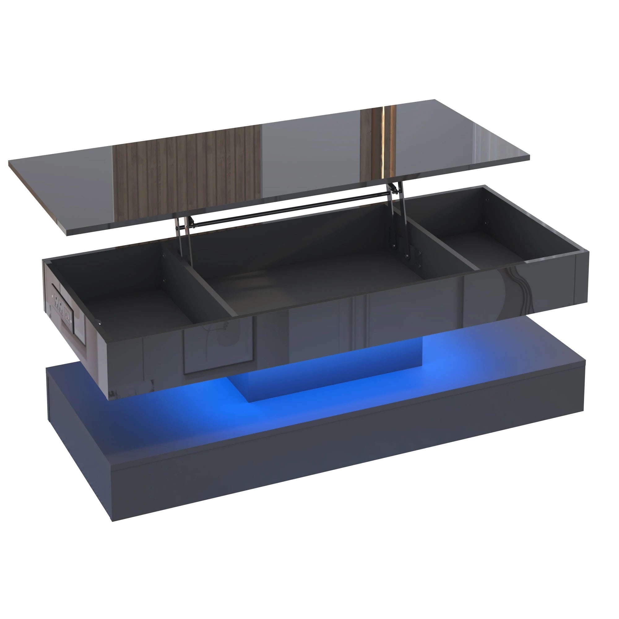 High Glossy LED Coffee Tables for Living Room, Center Table with Open Display Shelf & Large Storage Space, White Coffee Table