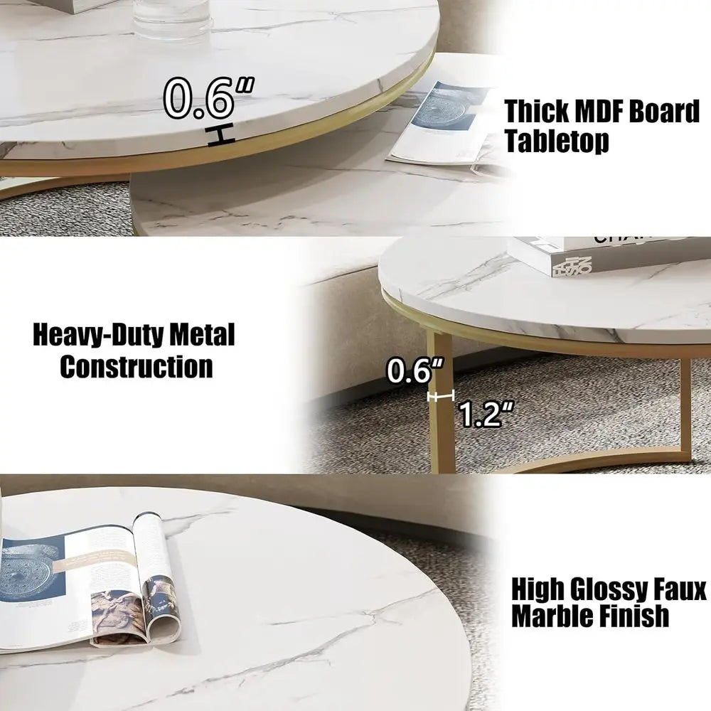 Modern Nesting Coffee Tables Set, Large 34 & Small 26, Gold Frame with Glossy White Marble Top for Living Room