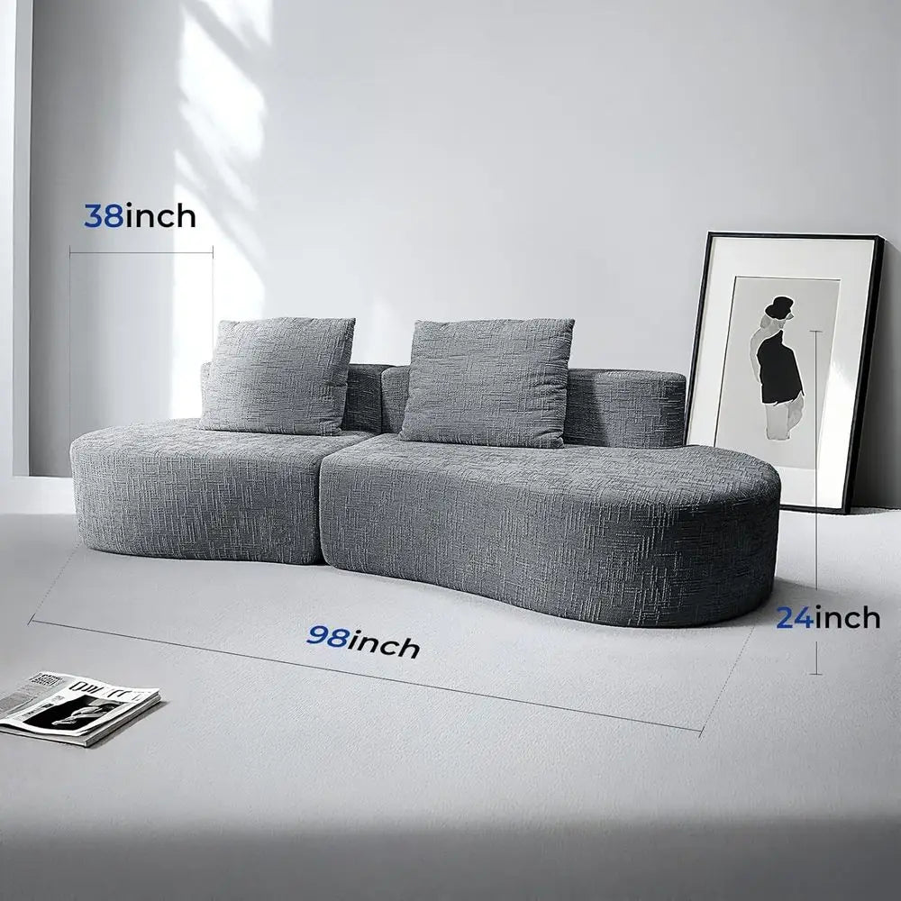 98 Curved Grey Couch with Halo Moon Pattern, Sofa Bed with 2 Pillows & 4 Seating Options for Living Rooms and Offices, Ready to