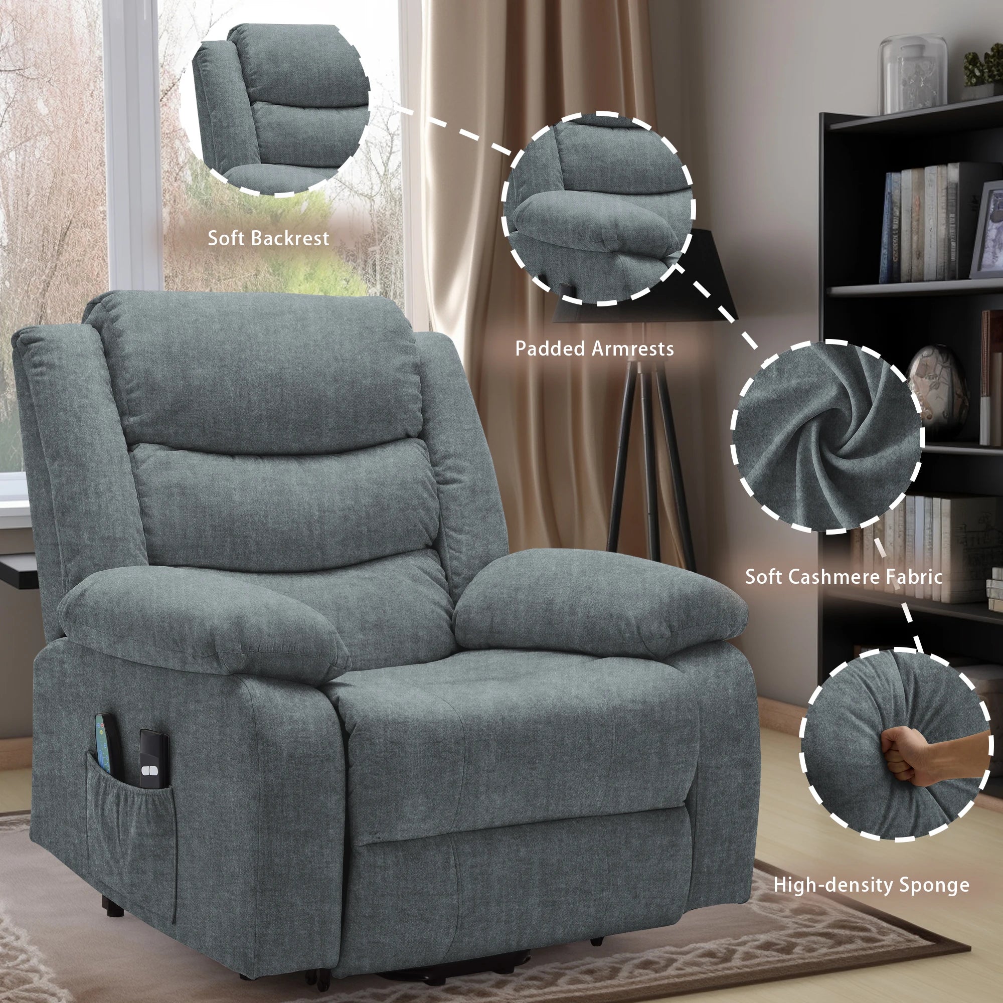 Oversized Power Electric Lift Recliner for Elderly with Massage and Heat, Extra Wide Recliner with Side Pockets for Living Room