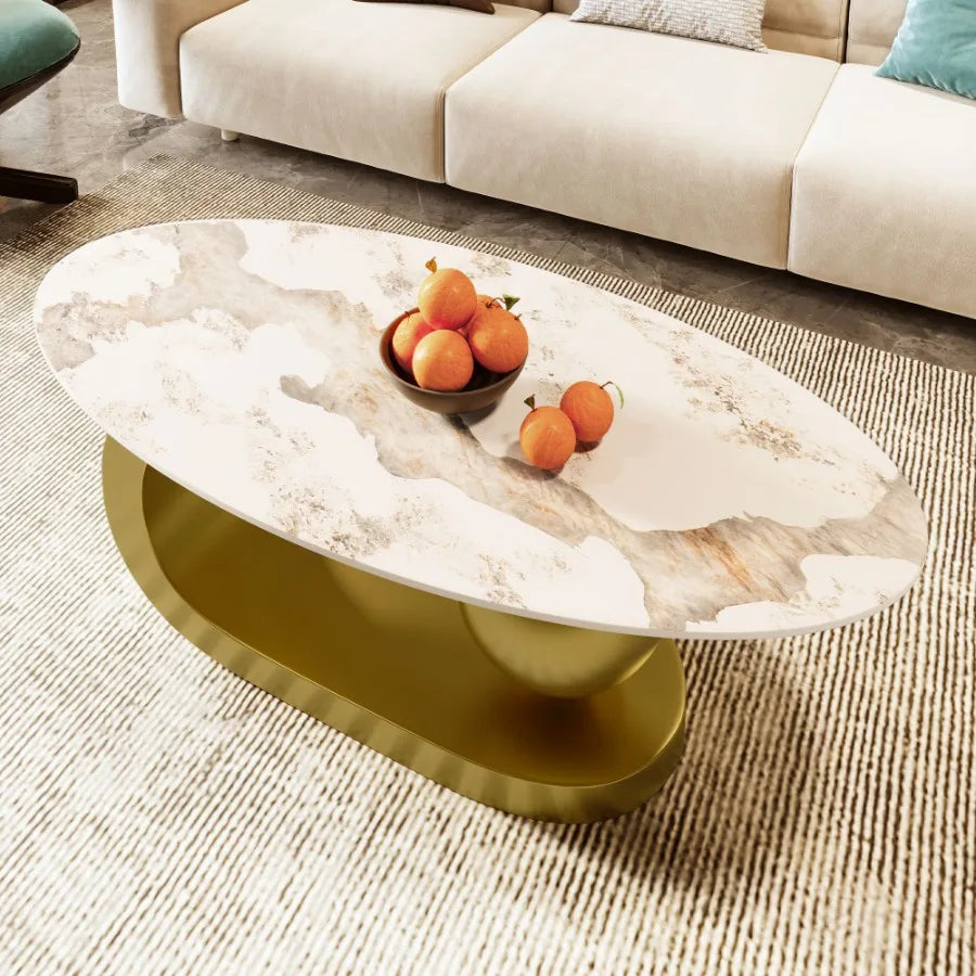 Modern Oval Coffee Table for Living Room Marble Pattern Sintered Stone Coffee Tabletop with Gold Stainless Steel Base in 47.2"