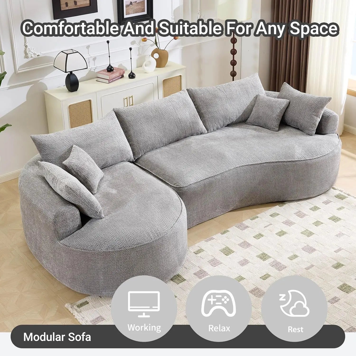 126.4" Oversized L-Shaped Boneless Sofa, Deep Seat Sectional Couch with Curved Seat Design and 7 Pillows,, Customized