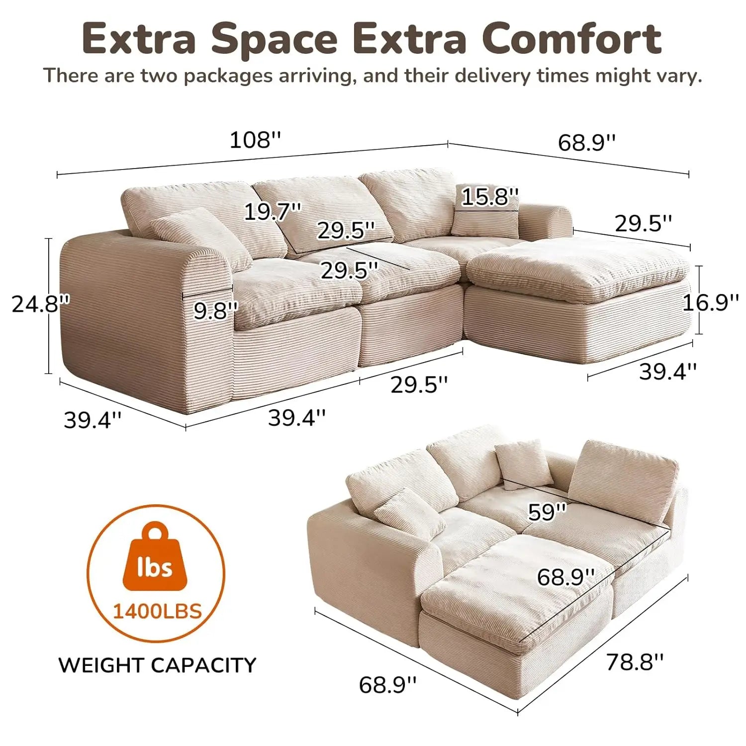 108" Boneless Cloud Sectional Couch for Small Living Room – L-Shape Modular Sofa with Ottoman, Deep Seat, Corduroy,, Customized