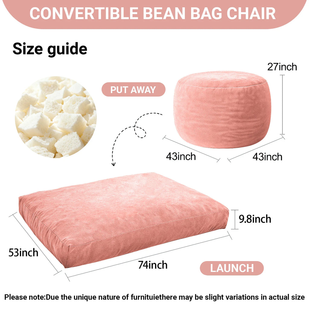 Adult-sized giant bean bag chair bed (pink), 2-in-1 large bean bag bed, convertible bean bag chair