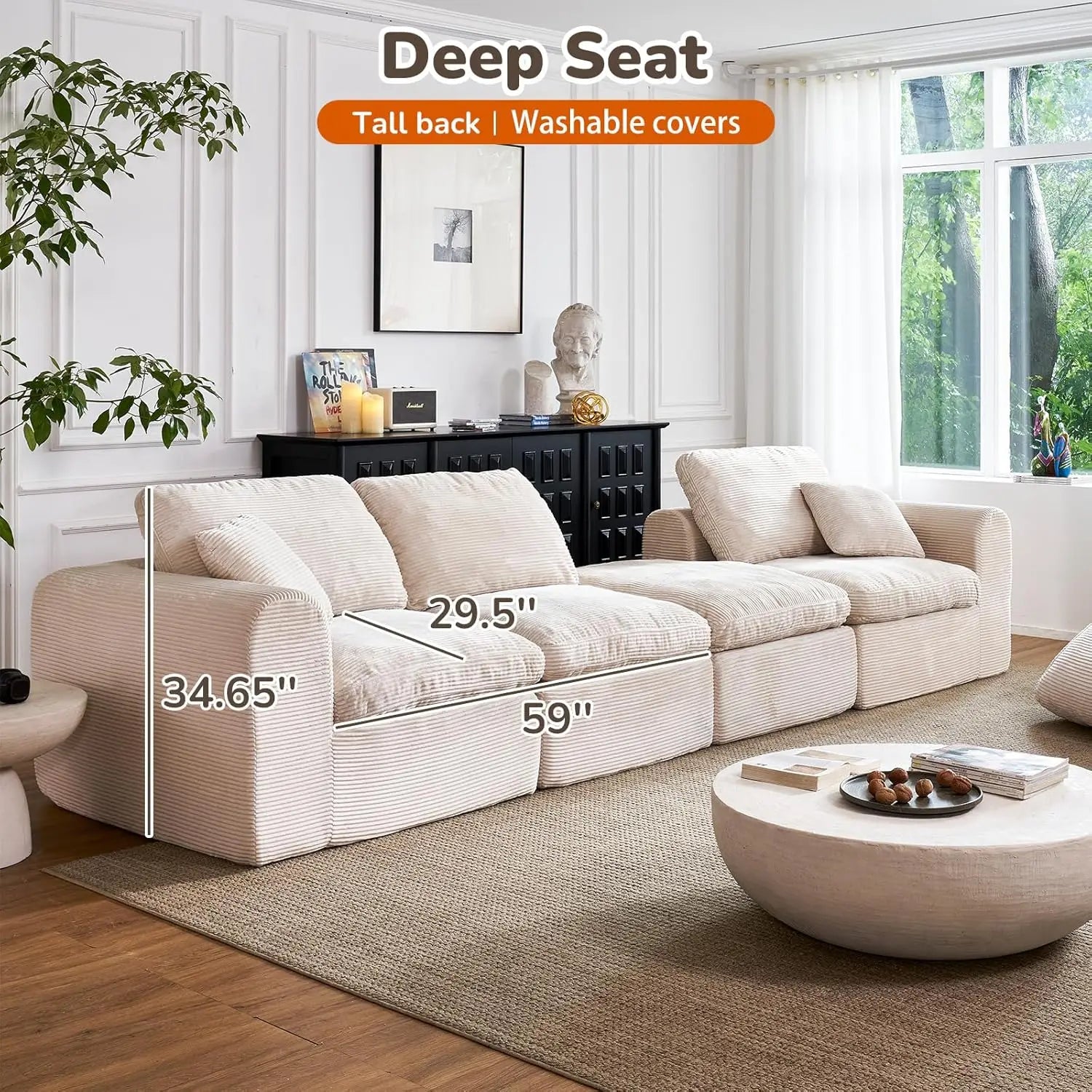 108" Boneless Cloud Sectional Couch for Small Living Room – L-Shape Modular Sofa with Ottoman, Deep Seat, Corduroy,, Customized