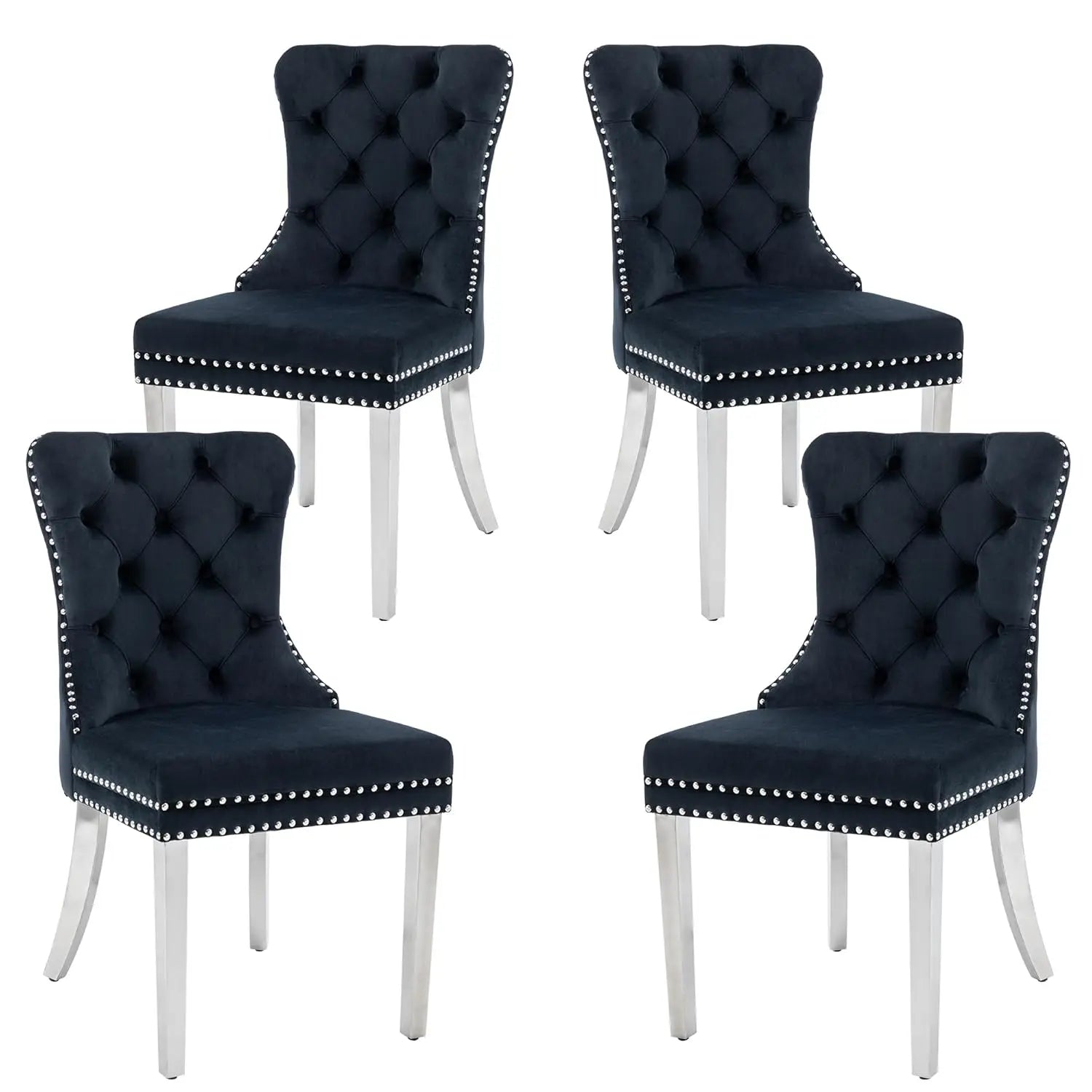 Velvet Upholstered Tufted Dining Chair with Nailhead Trim & Ring Pull, Solid Wood Legs, Modern Kitchen Chair, Set of 4, Custom