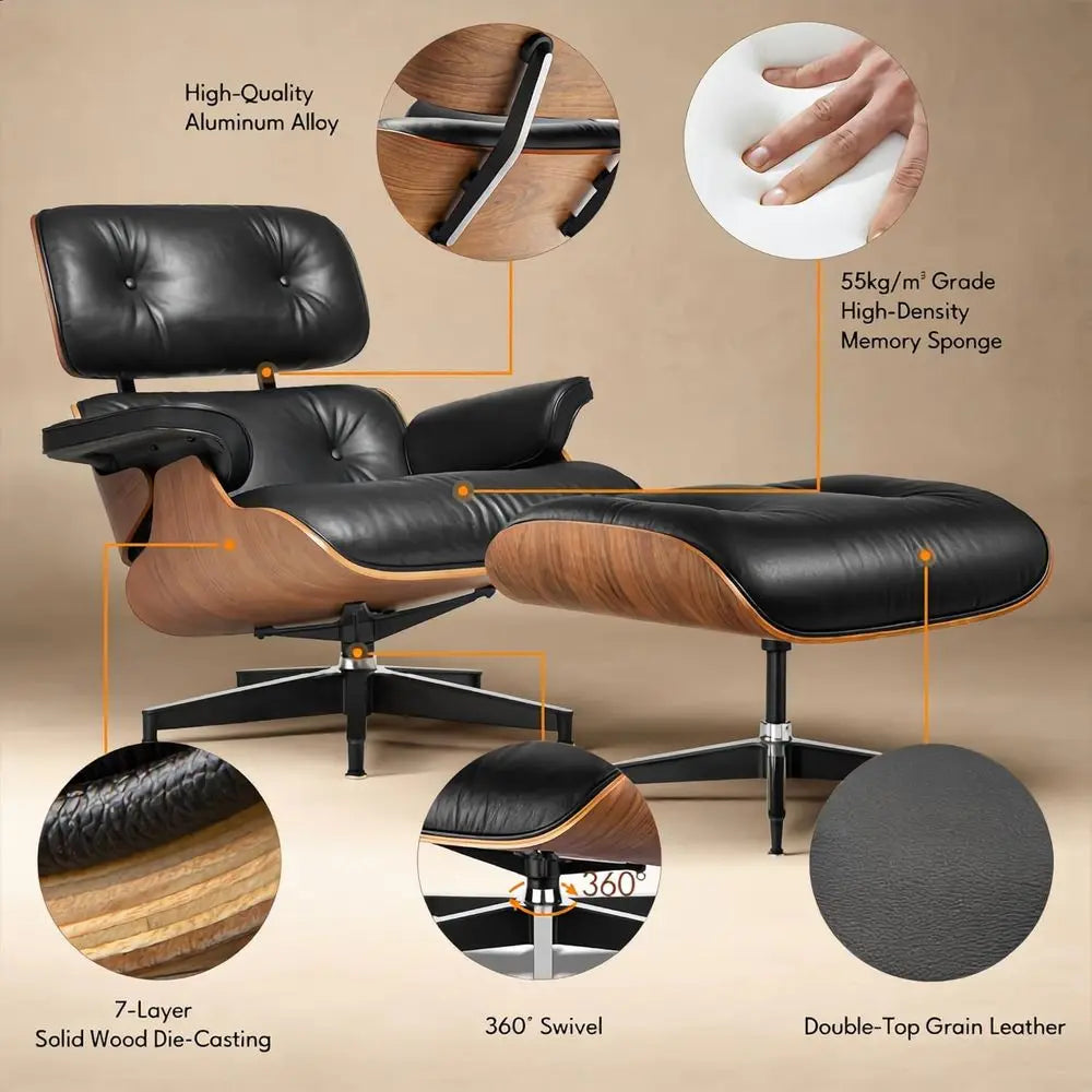 Elegant Black Leather Century Chaise with Ottoman, Accent Chair, Ergonomic Design, Sturdy Walnut Base for Living Room Lounge Off
