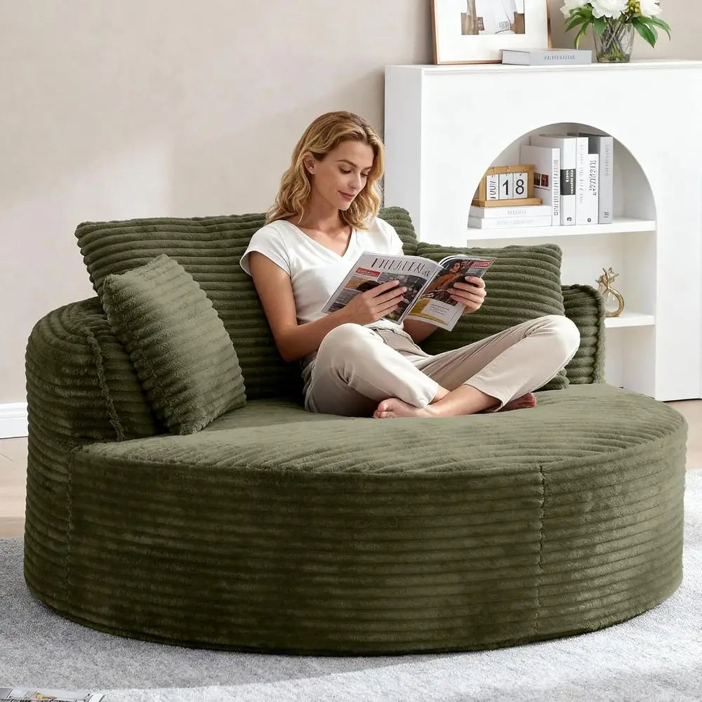 Large Round Corduroy Chaise Lounge Chair, 53.5 Deep Seat Sofa for Indoor Living & Bedroom, Green