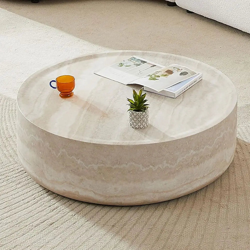Round Living Room Marble Coffee Table with Travertine Inlay, No Assembly Required