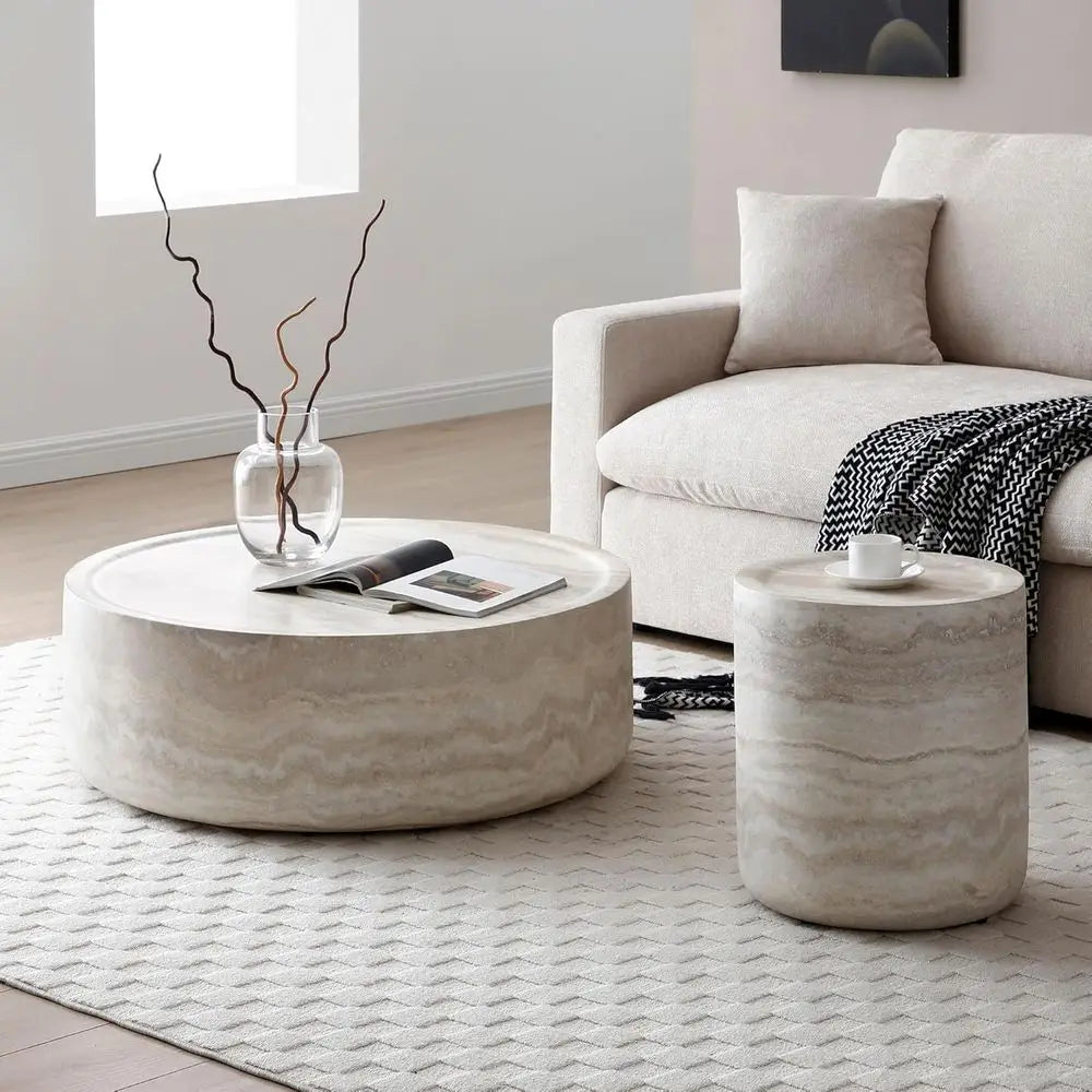 Round Living Room Marble Coffee Table with Travertine Inlay, No Assembly Required
