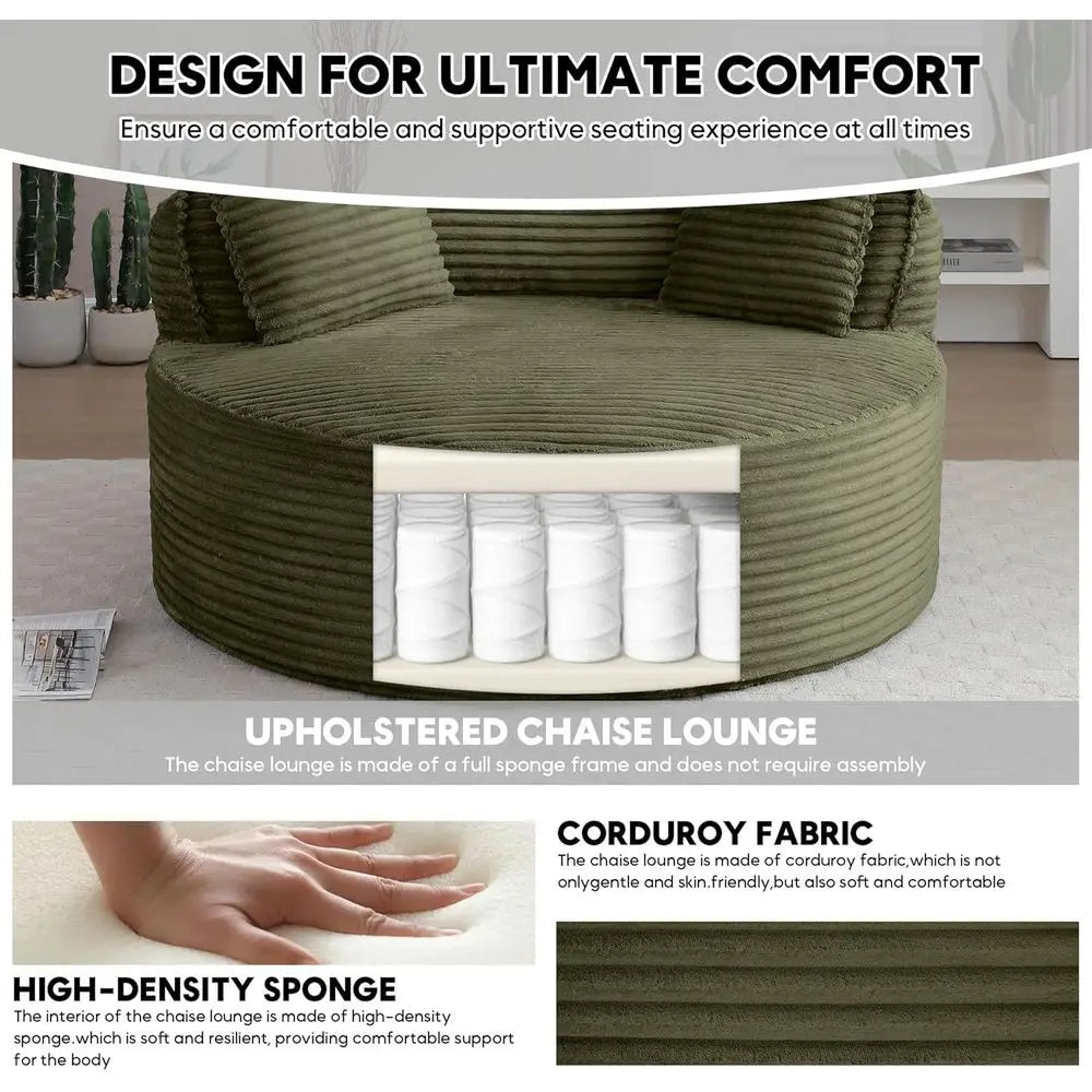 Large Round Corduroy Chaise Lounge Chair, 53.5 Deep Seat Sofa for Indoor Living & Bedroom, Green