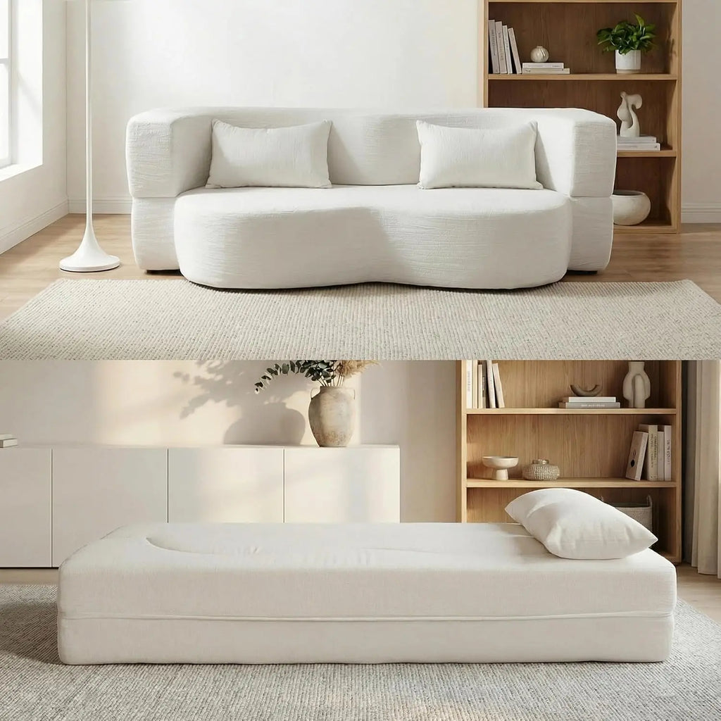 Queen Convertible Sofa Bed 2-in-1 Teddy Fabric Folding Floor Couch Mattress Living Room Guest Room No Assembly Pink, Customized