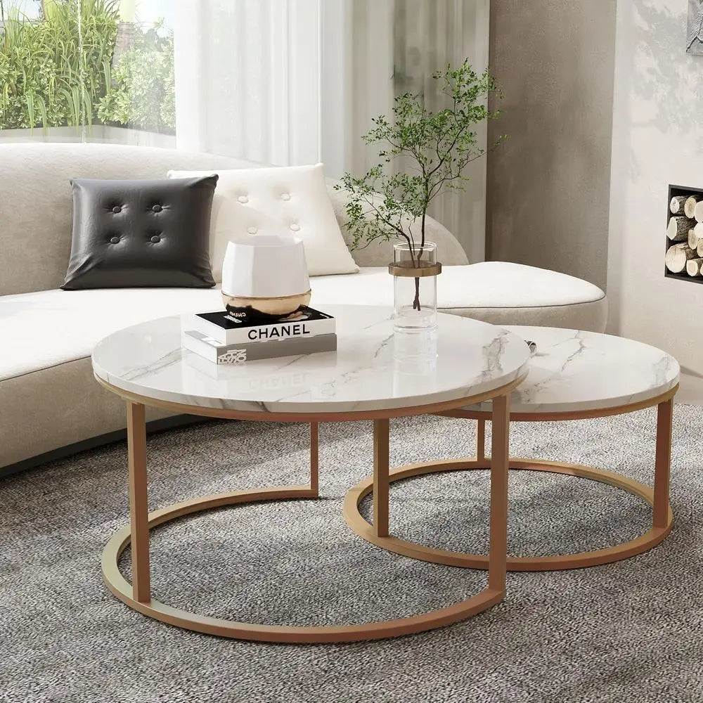 Modern Nesting Coffee Tables Set, Large 34 & Small 26, Gold Frame with Glossy White Marble Top for Living Room
