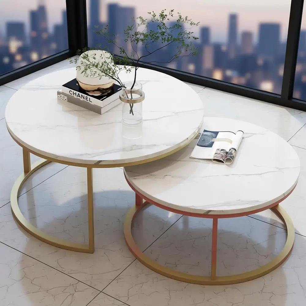 Modern Nesting Coffee Tables Set, Large 34 & Small 26, Gold Frame with Glossy White Marble Top for Living Room