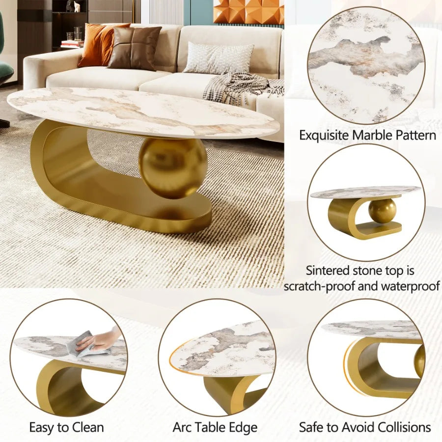 Modern Oval Coffee Table for Living Room Marble Pattern Sintered Stone Coffee Tabletop with Gold Stainless Steel Base in 47.2"