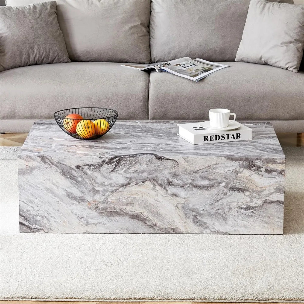 Modern Grey Faux Marble Living Room Coffee Table with Wooden Highlights