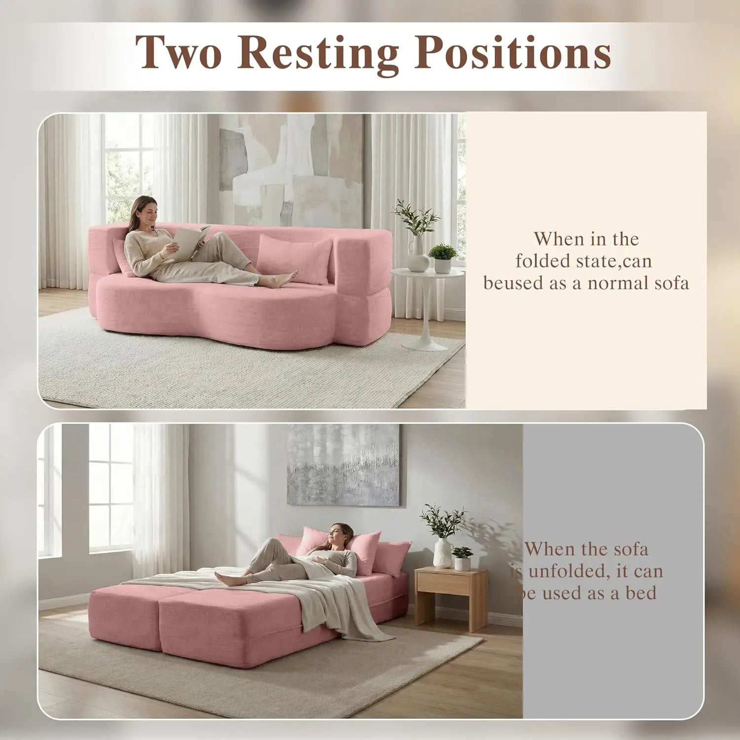 Queen Convertible Sofa Bed 2-in-1 Teddy Fabric Folding Floor Couch Mattress Living Room Guest Room No Assembly Pink, Customized