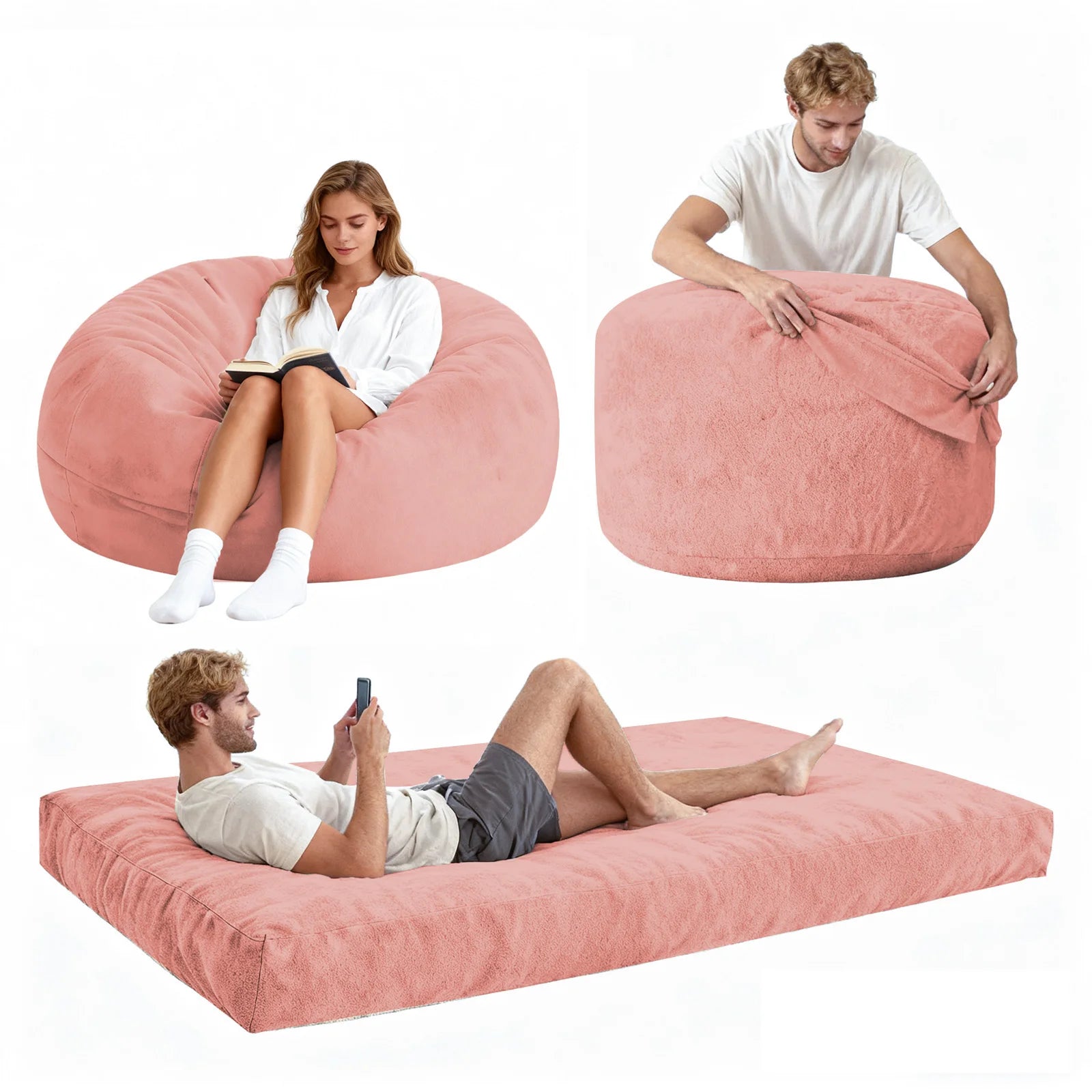Adult-sized giant bean bag chair bed (pink), 2-in-1 large bean bag bed, convertible bean bag chair