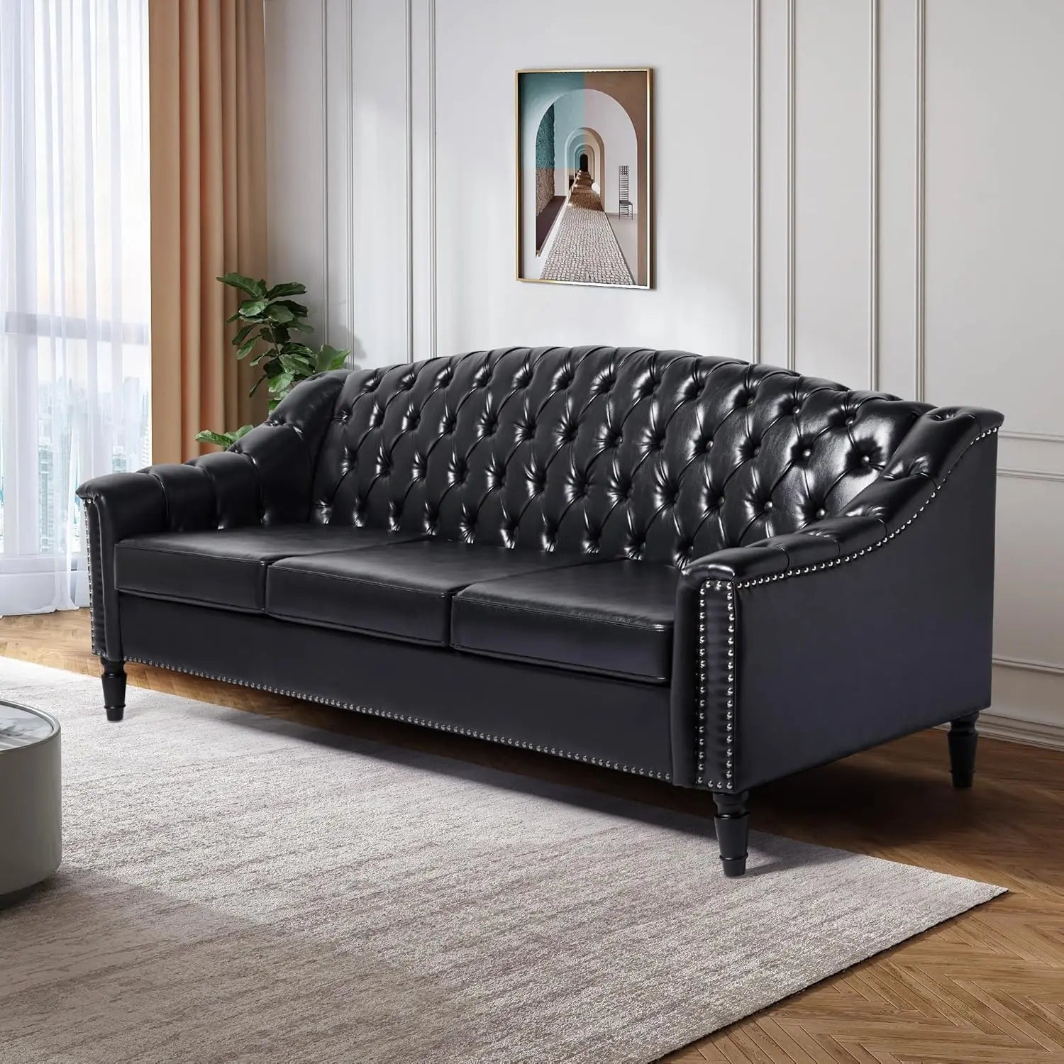 Mid-Century Modern Leather Couch, 80" Large Upholstered Sofa with High Back, Chesterfield Sofa Sleeper Settee , Customized
