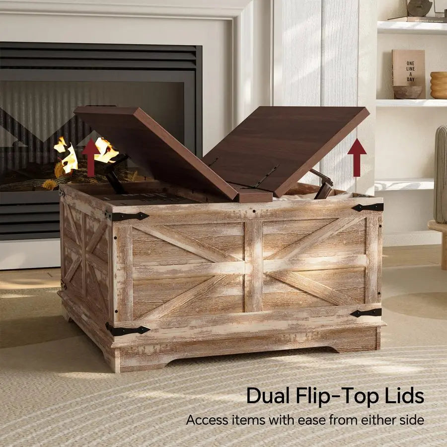 Farmhouse Coffee Table, HeavyDuty Coffee Table with Storage, Square Wood Center Table Set for Living Room with Pull Up Large Hid