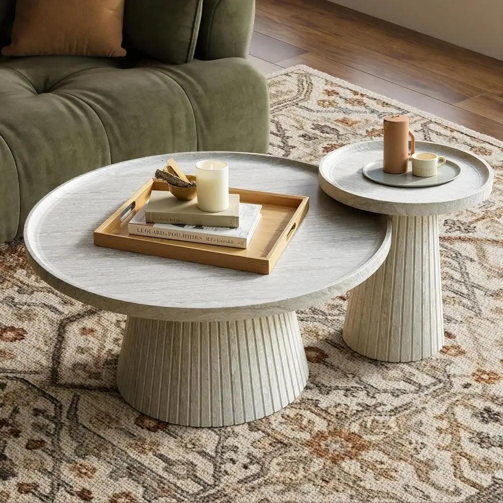 2-Piece Coffee Table Set with Marble Veneer, Round Travertine Tables for Living Room and Office