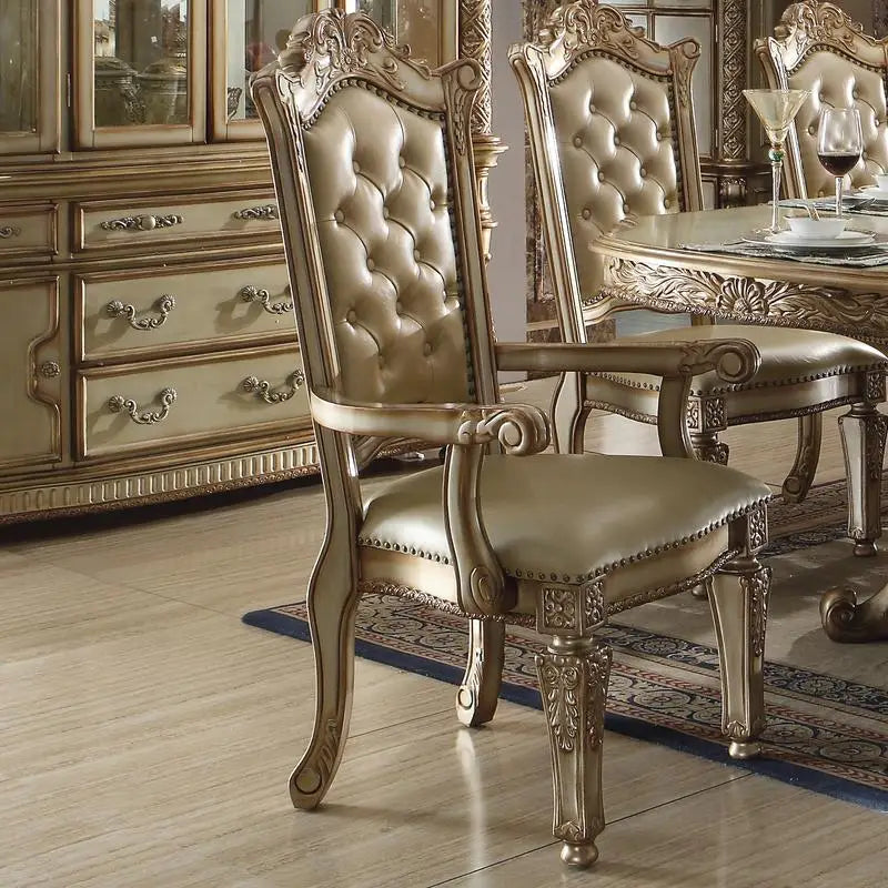 Set of 2 Bone and Gold Patina Tufted Back Arm Chairs