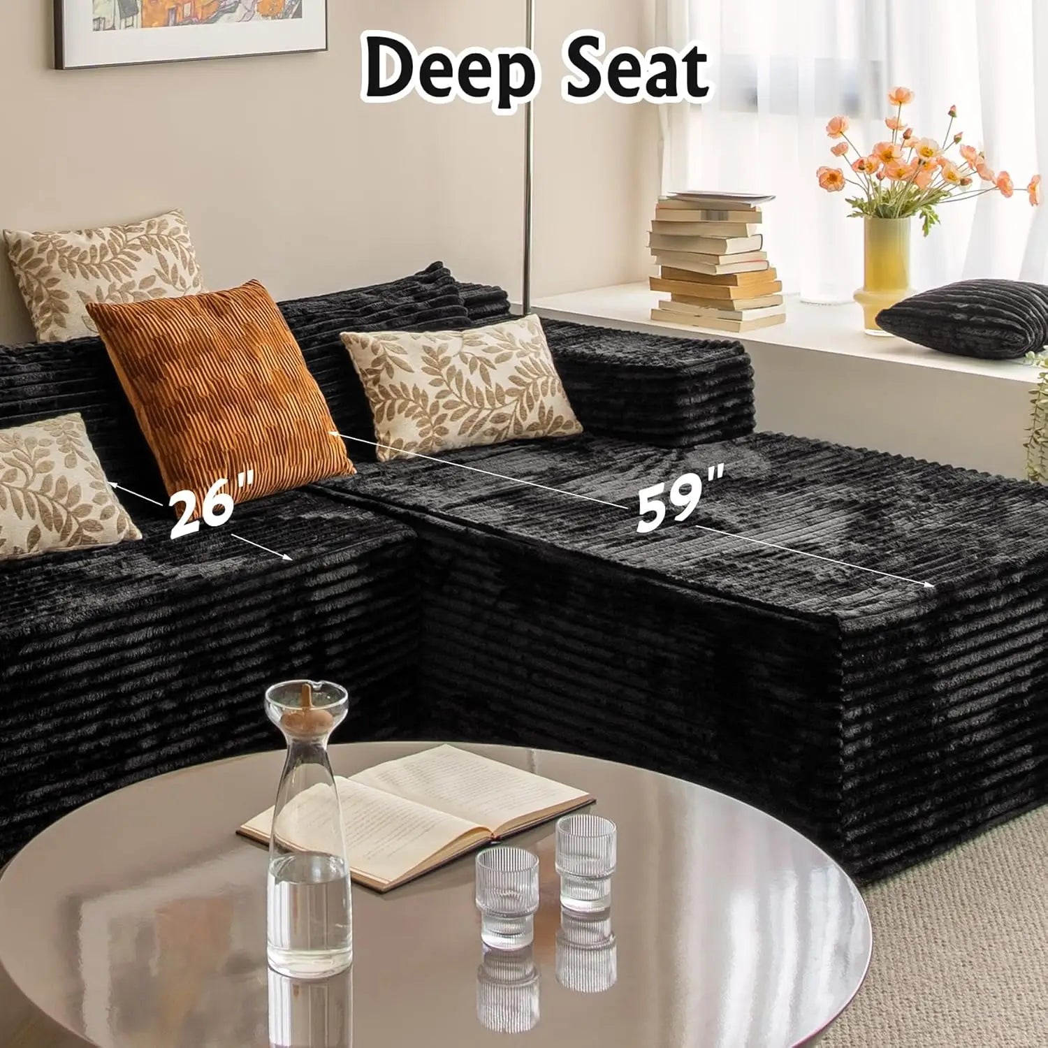 Black sectional couches for Living Room Corduroy Couch，104" Cloud Sectional Couch with L-Shape Chaise， Modern, Customized