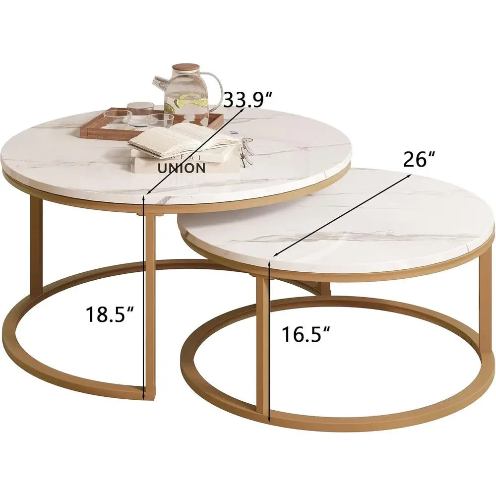 Modern Nesting Coffee Tables Set, Large 34 & Small 26, Gold Frame with Glossy White Marble Top for Living Room