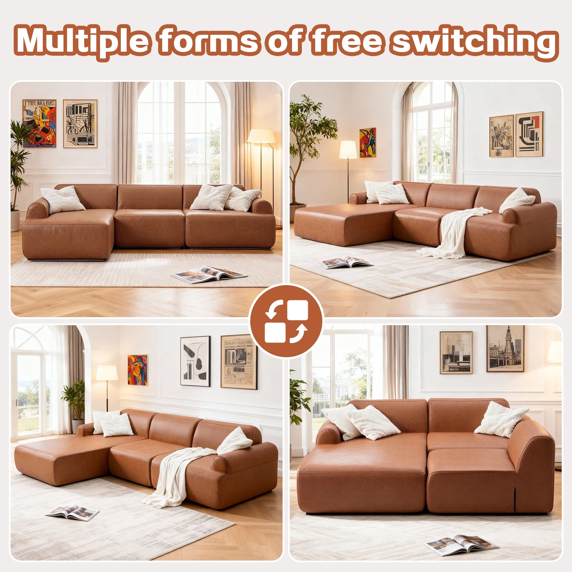 L-shaped oversized modular leather segmented sofa, leather deep seat modular corduroy sofa, suitable for families and big spaces