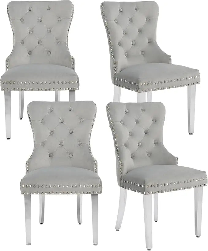 Velvet Dining Chairs Set of 4, Tufted Upholstered Dining Room Chair with Pull Ring and Stainless Steel Legs, Customized