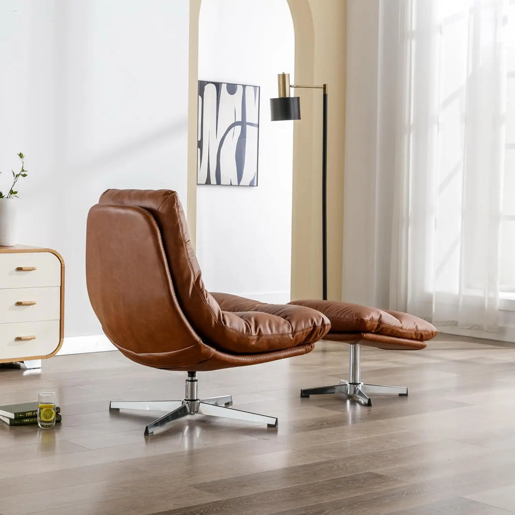 Swivel Accent Chair with Ottoman, Mid Century Modern Faux Leather Lounge Chair with footrest, Comfy Oversized, Customized
