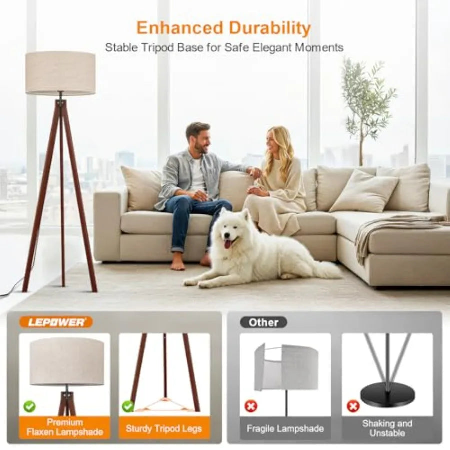 Wood Tripod Floor Lamp Mid Century Standing Lamp Modern Design Studying Light for Living Room Bedroom Study Room and Office Fla